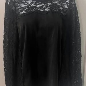 Listicle Black Lace Romantigoth Blouse Mock Neck Eyelash Trim Long Sleeve L